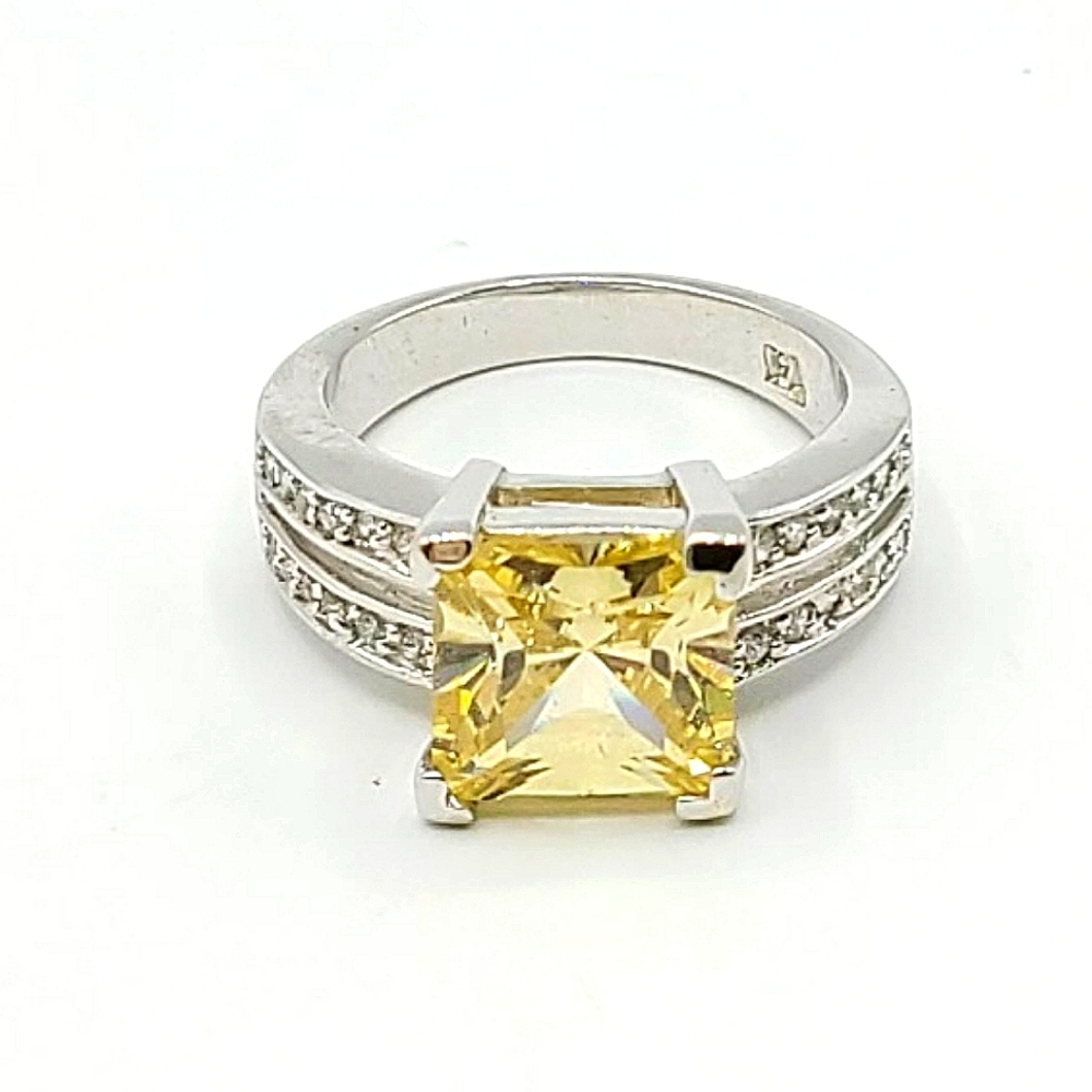 Silver Rhodium Plated Yellow Princess Cut CZ Ring, Size 8